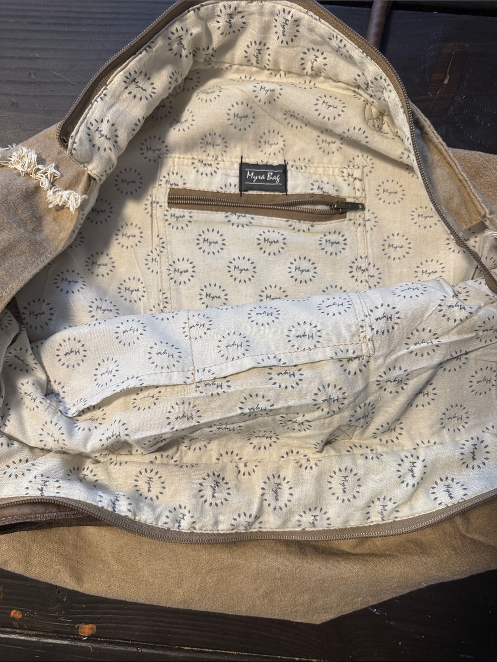 Myra Bag Brown Canvas Tote with Bicycle Print - Picture 3 of 7